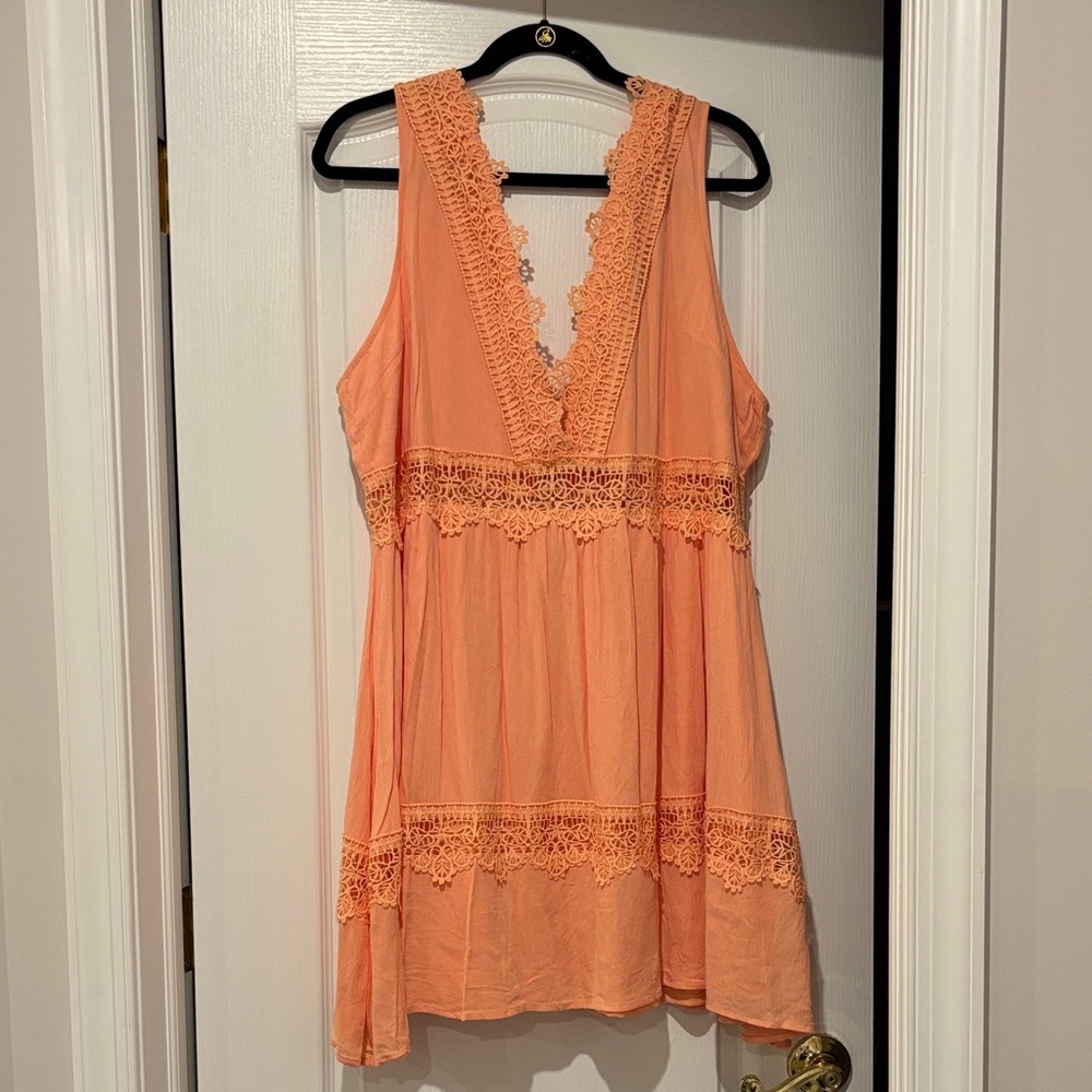 Peach Lace Trim Sleeveless Dress